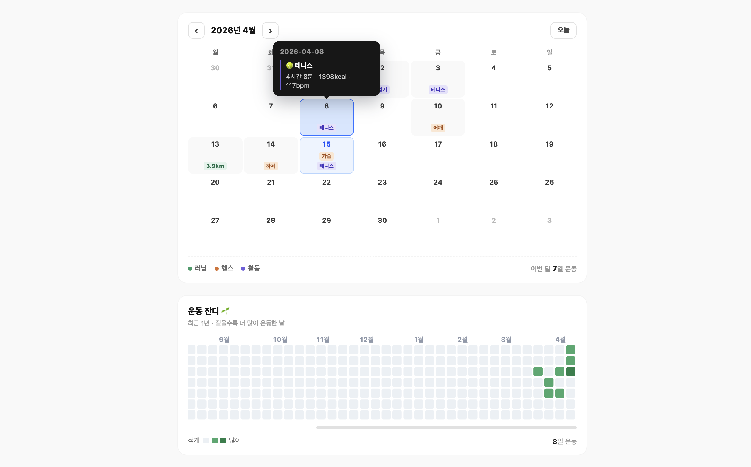 운동 캘린더 히트맵
